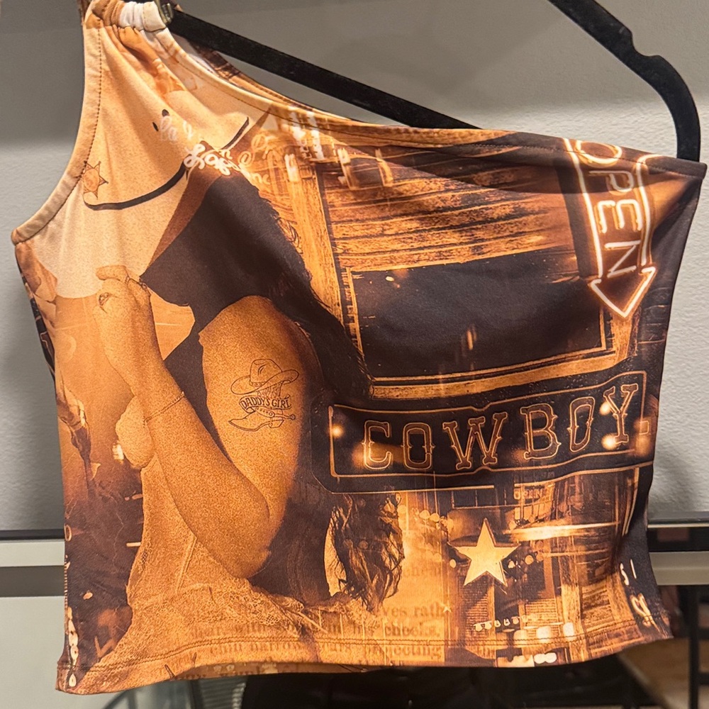 Jaded London One-Shoulder Cowboy Print Top - Orange and Black - Picture 2 of 6